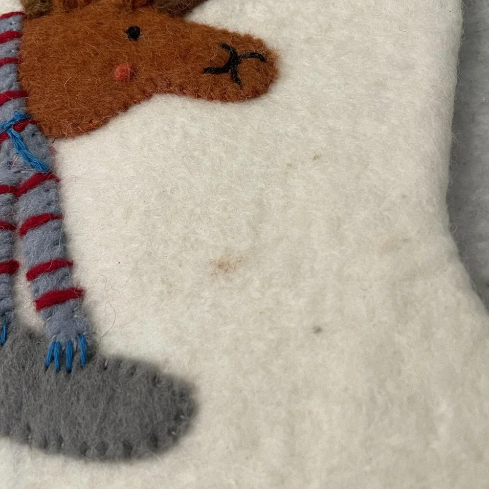 West Elm Christmas Stocking White Felt Reindeer Applique Kids Dusty Name